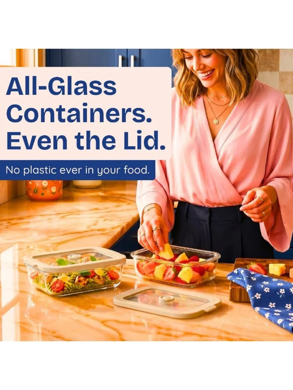 Eco-Friendly Non-Toxic Glass Food Storage Containers, 4-Pack, Multi-Size, Beige